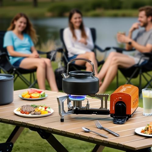 BIG HORN OUTDOORS Butane Camping Stove, Portable Folding Gas Burner with Carry Bag for Camping, Emergency Use and Outdoor Cooking, Orange - Image 2