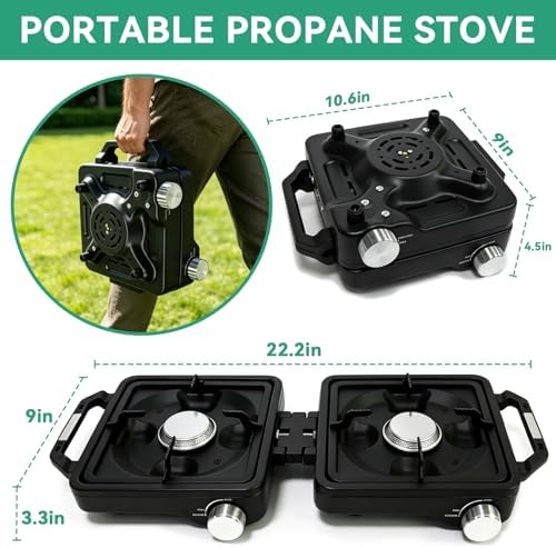 2 Burner Camp Stove 24000 BTU, Portable Propane Camping Stove with Windshield, Foldable Gas Stove with Adjustable Burners, Carry Bag, Camping Cooking Set for RV, Tailgating, Survival, Black - Image 4