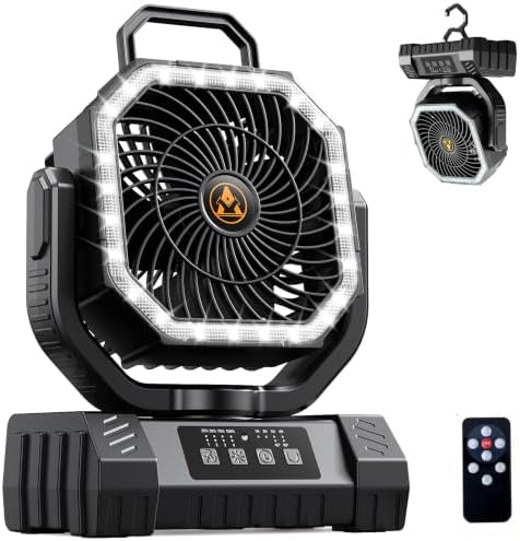 Camping Fan Rechargeable - 20000mAh Cordless Battery Powered Portable Fan with LED Lantern, Remote Auto Oscillating Wireless Fan USB Rechargeable Tent Fan for Travel Outdoor Cooling Car Home (Black) by Unknown