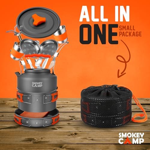 Smokey Camp Camping Cookware Mess Kit Set with Stove - Backpacking Camping Pots and Pans Set, All in One Non-Stick Camping Cooking Set, Portable Stove, Hiking, Picnic, Outdoor & Camping Cookware Set - Image 2