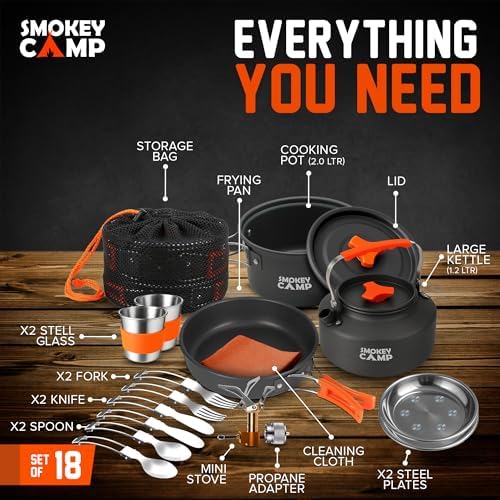 Smokey Camp Camping Cookware Mess Kit Set with Stove - Backpacking Camping Pots and Pans Set, All in One Non-Stick Camping Cooking Set, Portable Stove, Hiking, Picnic, Outdoor & Camping Cookware Set - Image 3