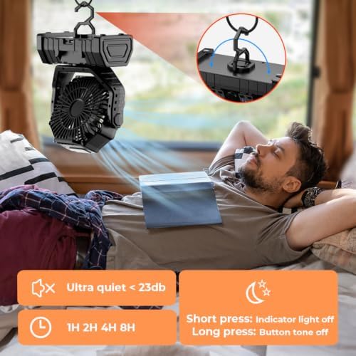 Camping Fan - 20000mAh Battery Powered Fan Rechargeable with LED Lantern - Portable Outdoor Tent Fans with Hanging Hook 4 Speeds Wind Remote Control, Black - Image 3