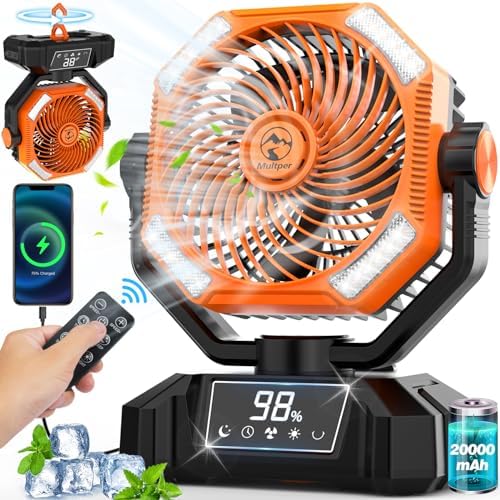 Multper 20000mAh Camping Fan with LED Lantern, 65H Runtime Battery Operated Fan for Tent, Auto-Oscillating Rechargeable Fan with Remote, 4 Speeds Personal Desk Fan for Camping, RV, Jobsite, Outage by Multper