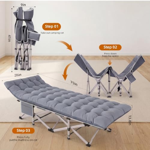 Camping Cot for Adults 800 LBS, 75"x28" Heavy Duty Folding Cot Bed with 2" Thick Detachable Pad & 1200D Oxford, Sleeping Cot for Camping & Guest Bed - 10-Second Setup - Image 5