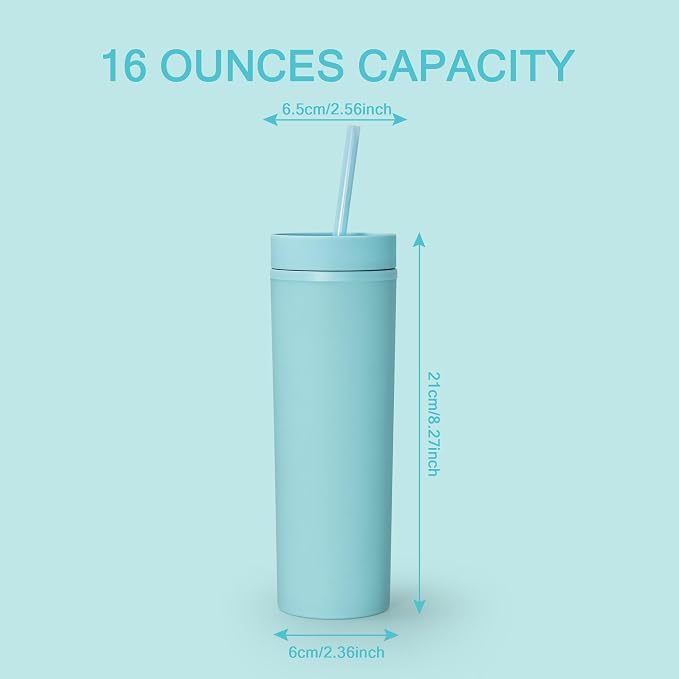 sweet grain Skinny Tumblers with Lids and Straws(6 Pack) - 16oz Matte Pastel Colored Skinny Acrylic Tumblers, Double Wall Plastic Tall Skinny Tumblers Bulk for Cold Hot Drinks - Sky Blue - Image 6