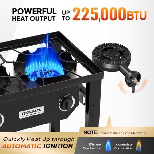 ROVSUN 3 Burner Outdoor Propane Gas Stove with Foldable Work Station, Auto-ignition & Regulator, 225,000 BTU Powerful Camping Burner with Portable Wheels for Backyard Patio Cooking Brewing Frying - Image 2