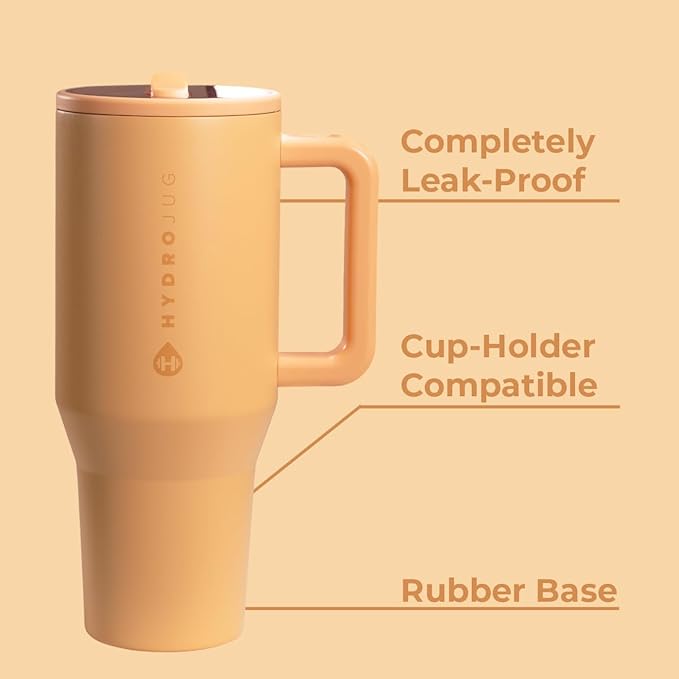 HydroJug Traveler - 40 oz Water Bottle with Handle & Flip Straw - Fits in Cup Holder, Leak Resistant Tumbler-Reusable Insulated Stainless Steel & Rubber Base - Gifts for Women & Men, Marigold - Image 2