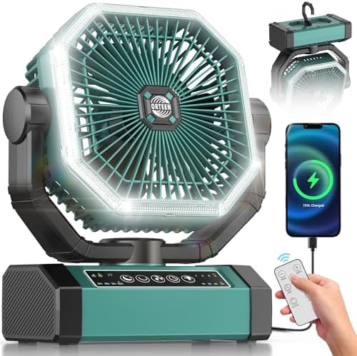 Portable Rechargeable Fan - 9-Inch Camping Fan for Tent, 24000mAh(60Hrs) Battery Operated Fan for Camping, Auto Oscillation Cordless Fans, Tent Fan with Remote/Light, 4 Speeds, 4 Timing, Outdoor by Orteen