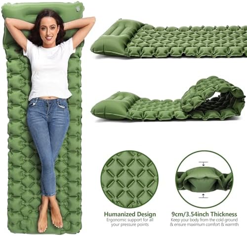 Sleeping Pad, Ultralight 40D Nylon Camping Mat Built-in Pump - Green - Image 3