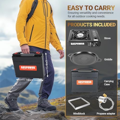Propane or Butane Stove with Windblocker, Dual Fuel 10,000 BTU Portable Gas stove for Camping, Automatic Ignition Gas Stove with Adapter Hose Carrying Case & Griddle for Hiking (Fuel Not Included) - Image 6
