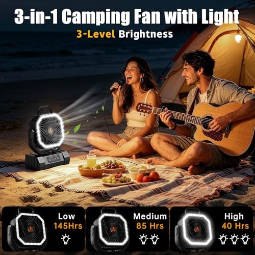 Camping Fan Rechargeable - 20000mAh Cordless Battery Powered Portable Fan with LED Lantern, Remote Auto Oscillating Wireless Fan USB Rechargeable Tent Fan for Travel Outdoor Cooling Car Home (Black) - Image 4