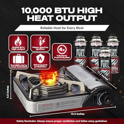 Chef Master Butane Camping Stove - Combo w/ 4x Fuel Canisters, 10,000 BTU - Image 2