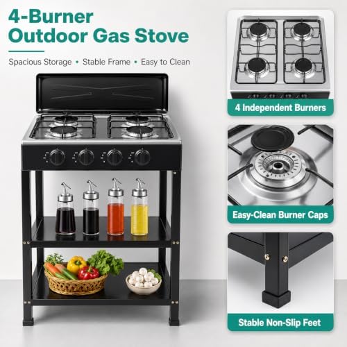 4 Burner Gas Stove Portable Outdoor Stove with Removable Storage Stand, Heavy Duty Stainless Steel Propane Gas Cooker with Wind Blocking Cover for Camping Picnic Home RV Cooking (no hose) - Image 5
