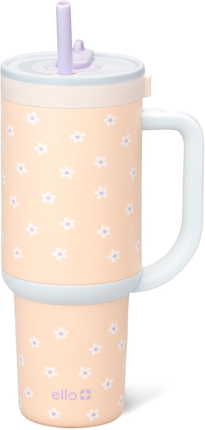 Ello Oasis 30 oz Tumbler with Handle & Retracting Straw | Reusable Insulated Stainless Steel Cup 100% Leakproof, Gifts for Teens Women Men | Keeps cold for 24 Hours, Cup Holder Friendly, Daisies by Ello