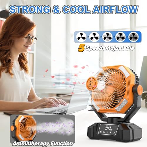 Multper 20000mAh Camping Fan with LED Lantern, 65H Runtime Battery Operated Fan for Tent, Auto-Oscillating Rechargeable Fan with Remote, 4 Speeds Personal Desk Fan for Camping, RV, Jobsite, Outage - Image 4