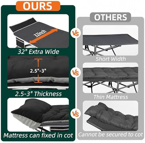 Fragess Portable Camping Cot, 32" Extra Wide Camping Cots for Adults with Thick Mattress, Heavy Duty Sleeping Cot Holds Up to 600LBS, Cots for Sleeping, Rv, Beach, Patio, Office Naps(Black) - Image 4