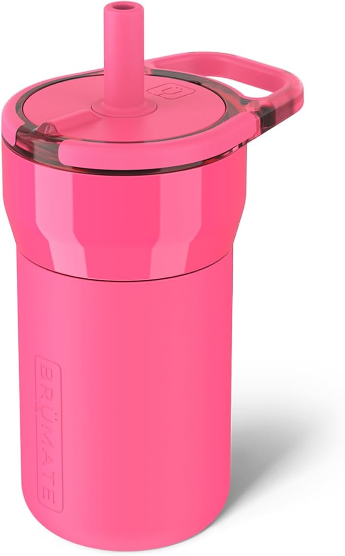 BrüMate Leap 12oz 100% Leakproof Kids Tumbler with Handle and Silicone Soft Straw | Drop Resistant Silicone Sleeve | For Kids 4+ | Insulated Stainless Steel | Cup Holder Friendly | 12oz (Neon Pink) by Br%C3%BCMate
