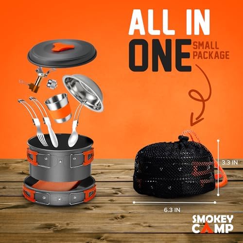Smokey Camp Camping Cookware Mess Kit Set with Stove - Backpacking Camping Pots and Pans Set, All in One Non-Stick Camping Cooking Set, Portable Stove, Hiking, Picnic, Outdoor & Camping Cookware Set - Image 2