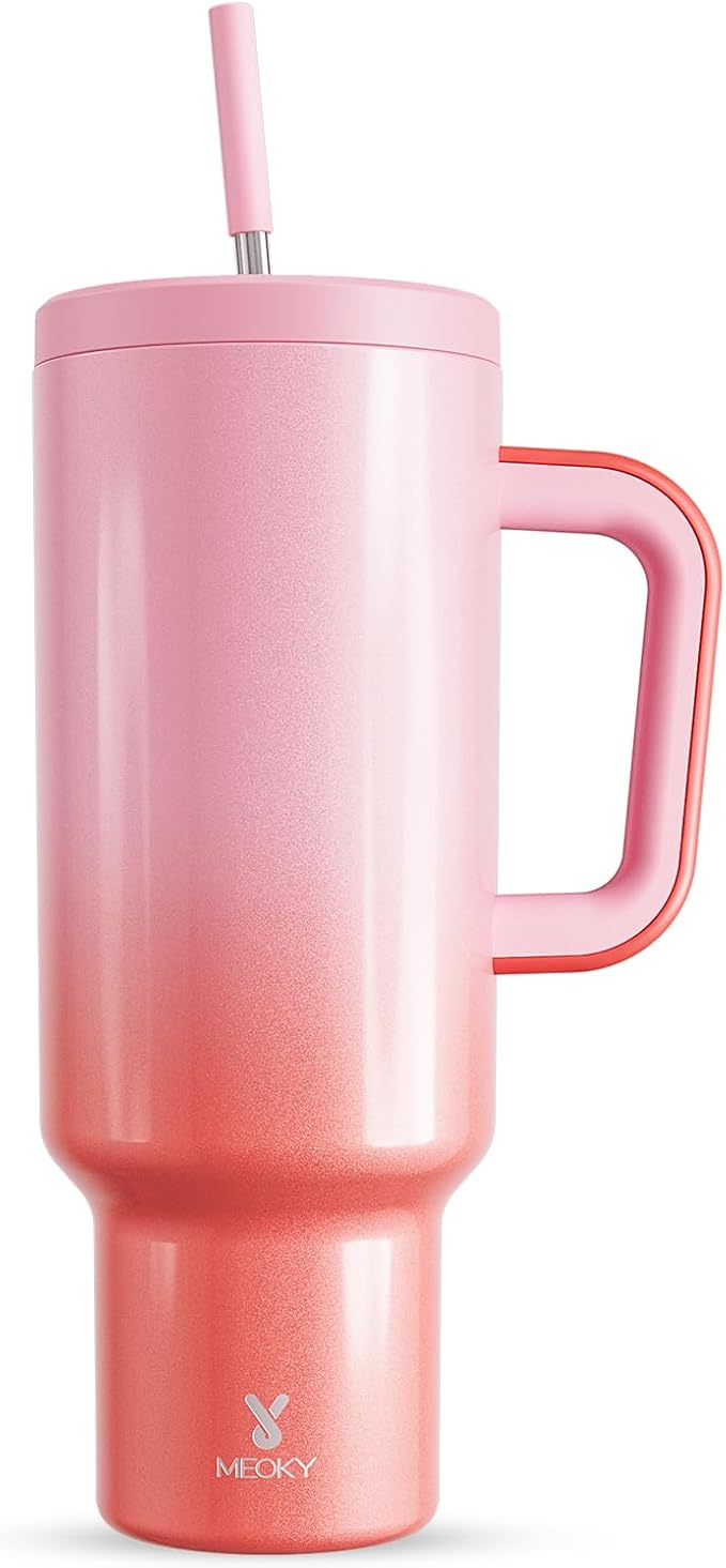 Meoky 50 oz Tumbler with Handle, Tumbler with Lid and Straw, Insulated Stainless Steel Travel Mug, 100% Leak-proof, Keeps Cold for 36 Hours or Hot for 12 Hours (Flamingo) by MEOKY