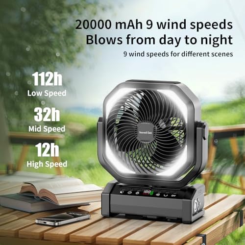 Socool Camping Fan with Light - 20000mAh Rechargeable Battery Fan, 112Hrs Max Run Time, 9 Speeds, Digital Display, Timer, Auto Oscillation, 270° Pivot & Hook for Camping, Power Outage, Hurricane - Image 2