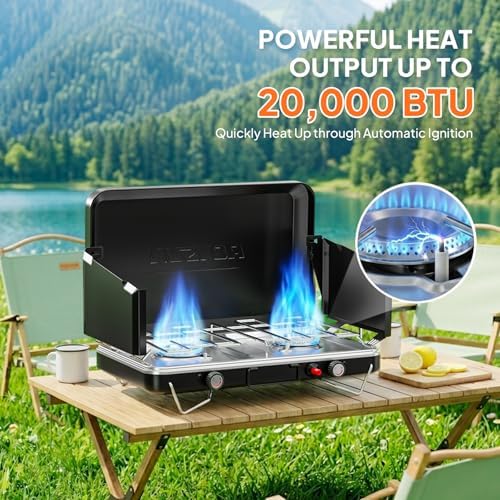 ROVSUN 2 Burner Portable Camping Stove with Igniter, 20000 BTU Propane Camp Stove with Adapter, Built-in Handle & Foldable Wind Panel for Outdoor Camping, Tailgating, Grilling - Image 2