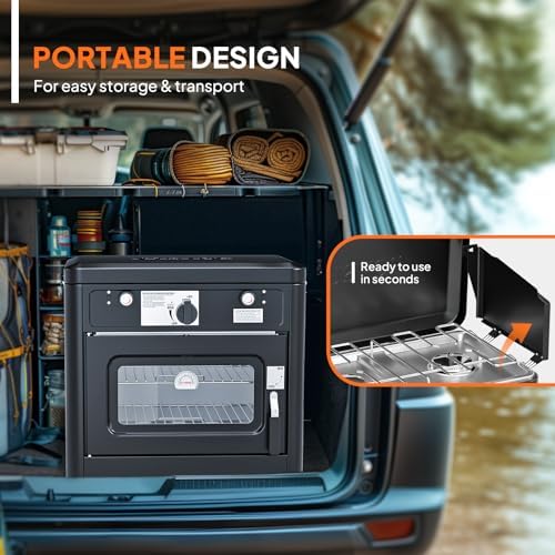 ROVSUN 2-in-1 Portable Camping Stove & Propane Oven with Piezo Igniter, 2 Burner Stove & Outdoor Oven with Adjustable Fire, Thermometer, Wind Panel & Regulator for Traveling, Tailgating (Black) - Image 4