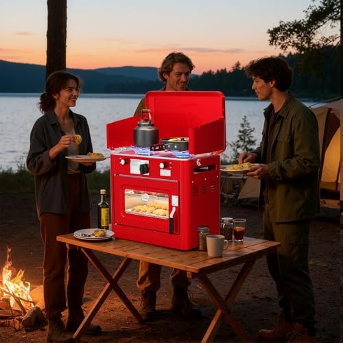 ROVSUN 2-in-1 Portable Camping Stove & Propane Oven with Piezo Igniter, 2 Burner Stove & Outdoor Oven with Adjustable Fire, Thermometer, Wind Panel & Regulator for Traveling, Tailgating (Red) - Image 7