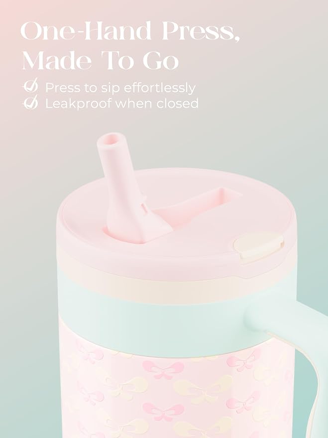 40 oz Insulated Tumbler with Handle and Push-Button Straw Lid, Stainless Steel Travel Cup for Gym Office, Leakproof, BPA-Free, Cup Holder Friendly, Bow Silicone Boot, Pink (Coquette Bloom) - Image 3