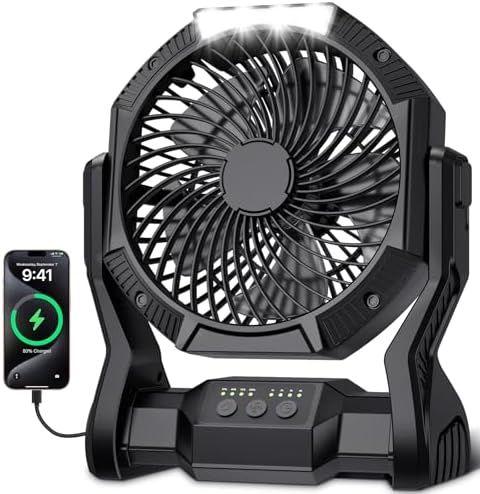 Portable Rechargeable Fan, 20000mAh Battery Powered Camping Fan with LED Light & Hook, 270° Adjustable, 4-Speed, 4H Timer Camping Essentials for Outdoor Tent Travel BBQ Car, Gifts for Men Dad by Unknown