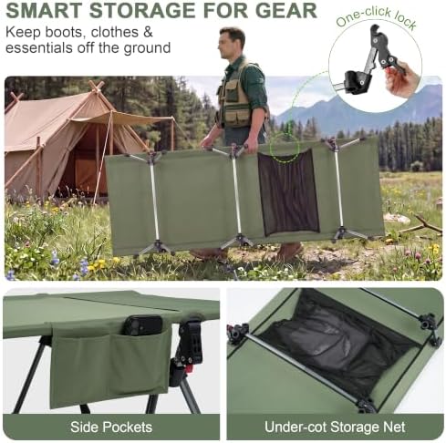 Height Adjustable Camping Cot, 350lbs Heavy-Duty Aluminum Frame, Green - Image 4
