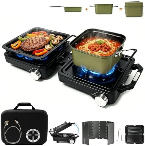 2 Burner 24000 BTU Propane Camping Stove, Foldable Camp Stove with 2-in-1 Frying Pan & Pot, Adjustable Burner Dual Gas Stove,Camp Cooking Set with Windshiel, Carry Bag for Tailgating, Picnic, Black by FIRXZYMZ