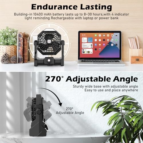 Camping Fan Rechargeable, 10400mAh Portable Battery Operated Camping Fan for Tents, Hangable USB Silent Camping Fans with LED Lantern, Suitable for Fishing, Camping, Bedroom, Workplace (Black) - Image 3