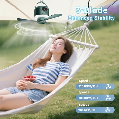 11" Tent Fan with Light & Remote, Camping Ceiling Fan with 10040mAh Rechargeable Battery, Portable Hanging Fan for Tent, RV, Canopy, Outdoor Camping (Green, Centimeters, 28.9) - Image 6