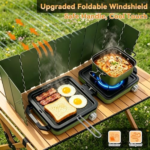 2 Burner Camping Stove with 2-In-1 Cookware Set, 24000 BTU Propane Gas Stove, Foldable Camp Stove with Frying Pan, Pot, Windshield & Carry Bag, Camping Essentials for Picnic, RV, Camp kitchen, Green - Image 3