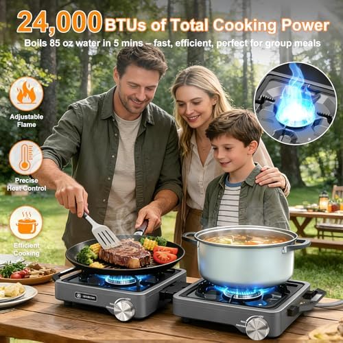 2-Burner Pro Camping Stove,24000 BTU Camp Stove,Foldable Propane Stove Includes Carry Bag,Windscreen Griddle, Portable Stove,Camping Essentials,Suitable For Outdoor Cooking (Gray) - Image 4