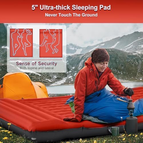 FNARMW Double Sleeping Pad Camping, Self Inflating 6'' Extra-Thick 2 Person Pillow Built-in Foot Pump Waterproof Inflatable Sleeping Mat Backpacking, Tent, Hiking, Portable Camping Pad (Orange-Black) - Image 2