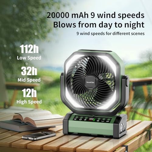 Socool Camping Fan with Light - 20000mAh Rechargeable Battery Fan, 112Hrs Max Run Time, 9 Speeds, Digital Display, Timer, Auto Oscillation, 270° Pivot & Hook for Camping, Power Outage, Hurricane - Image 2
