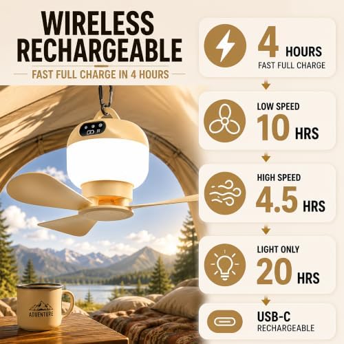 Portable Hanging Tent Fan with Light & Remote, Rechargeable Camping Fan - Image 6