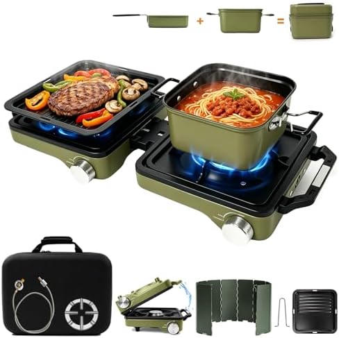 2 Burner Camping Stove with 2-In-1 Cookware Set, 24000 BTU Propane Gas Stove, Foldable Camp Stove with Frying Pan, Pot, Windshield & Carry Bag, Camping Essentials for Picnic, RV, Camp kitchen, Green by FIRXZYMZ