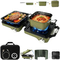 2 Burner Camping Stove with 2-In-1 Cookware Set, 24000 BTU Propane Gas Stove, Foldable Camp Stove with Frying Pan, Pot, Windshield & Carry Bag, Camping Essentials for Picnic, RV, Camp kitchen, Green by FIRXZYMZ