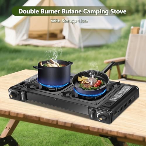 Double Burner Butane Stove, Butane Camping Stove Kit with Carrying Case, Portable Auto Ignition Camping Burner for RV, Apartments, Outdoor - Image 2