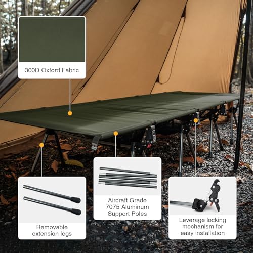 ONETIGRIS SUPRATIROS Extra Large Camping Cot, Height Adjustable Oversized Sleeping Cot with Extending Legs for Camping, Car Trips, Truck, Beach, Office Nap, Sturdy Supports Up to 400lbs (Ranger Green) - Image 3