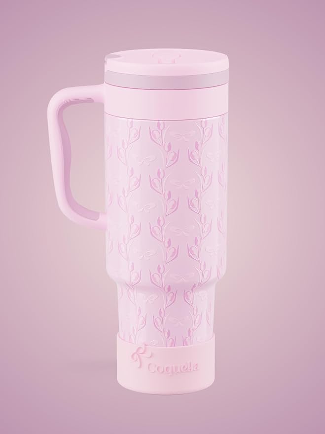 40 oz Insulated Tumbler with Handle and Push-Button Straw Lid, Stainless Steel Travel Cup for Gym Office, Leakproof, BPA-Free, Cup Holder Friendly, Bow Silicone Boot, Purple (Tulip Lilac) - Image 2