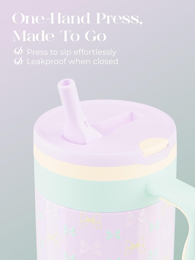 40 oz Insulated Tumbler with Handle and Push-Button Straw Lid, Stainless Steel Travel Cup for Gym Office, Leakproof, BPA-Free, Cup Holder Friendly, Bow Silicone Boot, Purple (Bow Lilac) - Image 3