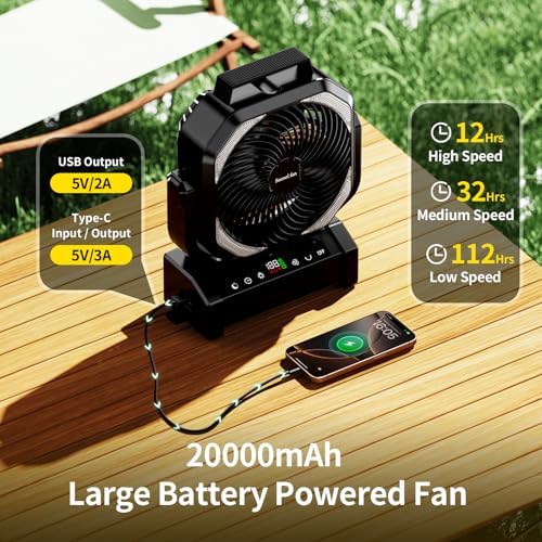 Socool Camping Fan with Light, 20000mAh Rechargeable Battery Fan with Remote, 112Hrs & 8 Speeds, Digital Display, Timer, Auto Oscillation, 270° Pivot & Hook for Outdoor Tent, Hurricane, Power Outage - Image 4