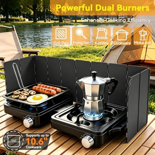 2 Burner Folding Camping Stove, 24000 BTU Propane Camp Stove with Windshield, Adjustable Burners Gas Stove with Frying Pan, Coffee Stand, Carry Bag for Camping, RV, Tailgating, Outdoor Picnic, Black - Image 2