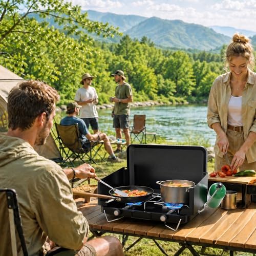 ROVSUN 20000 BTU Propane Camping Stove with Adapter, 2 Burner Tabletop Portable Propane Camp Stove with Built-in Handle & Foldable Wind Panel for Outdoor Camping, Tailgating, Grilling - Image 7