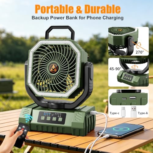 Camping Fan Rechargeable - 20000mAh Cordless Battery Powered Portable Fan with LED Lantern, Remote Auto Oscillating Wireless Fan USB Rechargeable Tent Fan for Travel Outdoor Cooling Car Home (Green) - Image 3