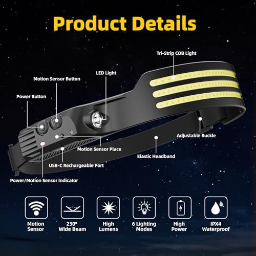 Headlamp Rechargeable 4PCS, Motion Sensor 230° COB Head Lamp, Headlights for Forehead, Hard hat Light for Adults, LED Headband Flashlight for Work, Hiking, Running, Camping Essentials Gear - Image 6
