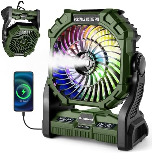 Odoland Portable Camping Fan with LED Lantern, 20000mAh Battery Operated Rechargeable Misting Fan with Light, 250mL Water Tank, Hook, Outdoor Tent Cooling Fans for Patios Beach Travel Summer, Green by Odoland